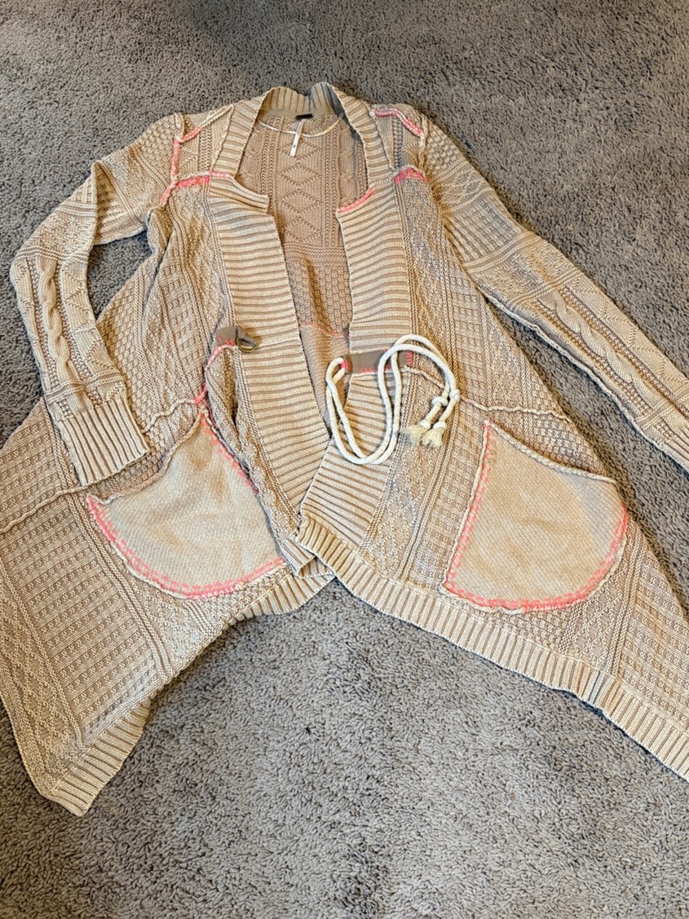 Free People Beige Knit Open-Front Women's Cardigan with Pink Trim